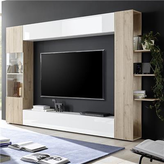 Meuble tv mural blanc et chêne moderne FINO 3
