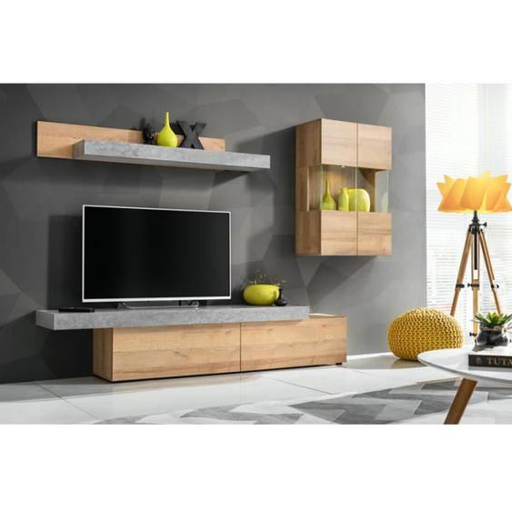 Meuble TV mural Concret - AC-DÉCO - L 230 x P 40 x H 160 cm - 2 portes - Beige et gris