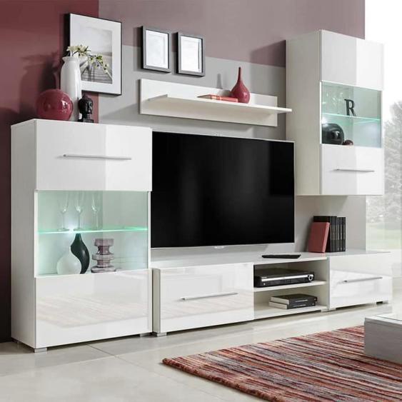 Meuble TV mural contemporain OVONNI - Blanc - 260 x 40 x 195 cm - 5 portes en verre
