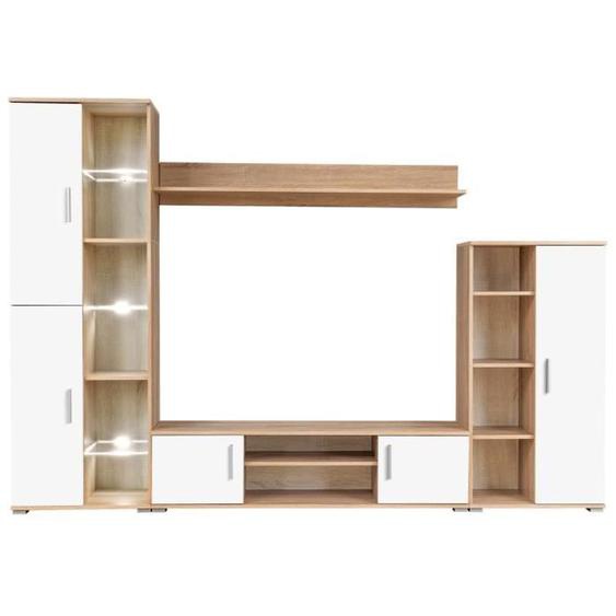 Meuble TV mural LED Chêne sonoma et blanc - SALALIS - 260x180x30cm - 2 portes