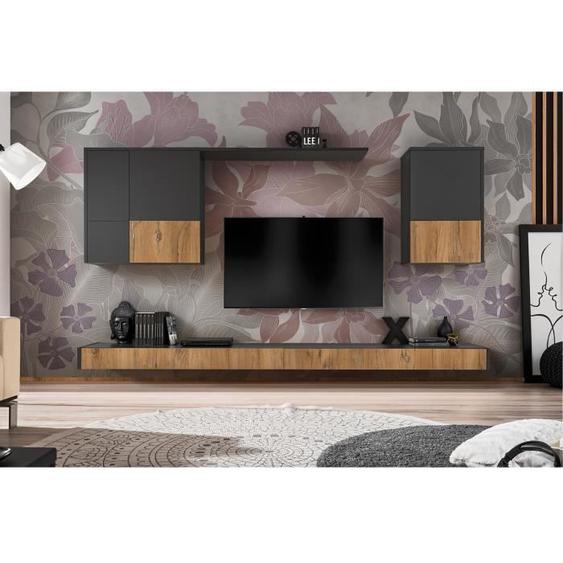 Meuble TV mural LOFT BIG | Corps Anthracite Gris Mat Façade Couleur Chêne bijoux | L285 x H200 x P42cm