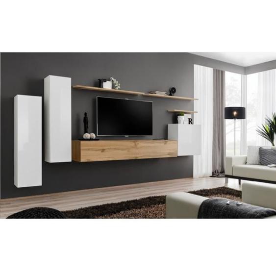 Meuble TV mural - PRICE FACTORY - SWITCH I - Blanc brillant - Chêne Wotan - 1 porte abattante - 3 compartiments
