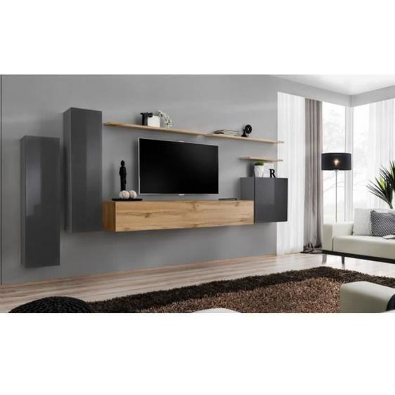 Meuble TV mural - PRICE FACTORY - SWITCH I - Chêne Wotan et gris brillant - 1 porte - Design contemporain