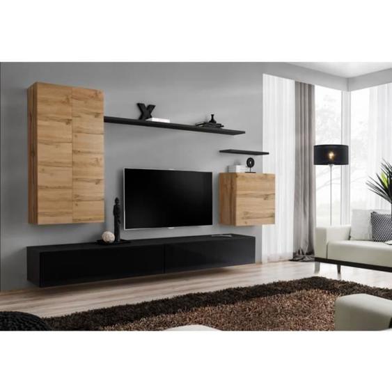 Meuble TV mural - PRICE FACTORY - SWITCH II - 1 porte - Noir brillant - Chêne Wotan