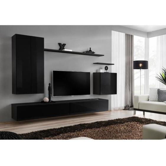 Meuble TV mural - PRICE FACTORY - SWITCH II - Noir brillant - 1 porte - Design contemporain