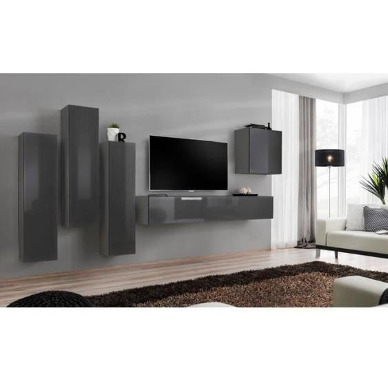 Meuble TV mural - PRICE FACTORY - SWITCH III - 5 portes - Gris brillant - 330x160x40 cm
