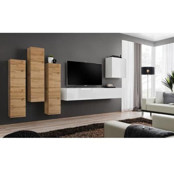 Meuble TV mural - PRICE FACTORY - SWITCH III - Blanc brillant - Chêne Wotan - 5 portes