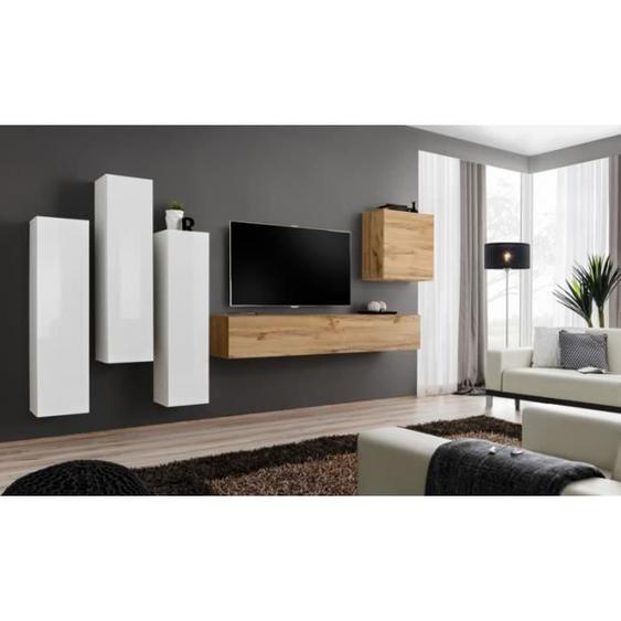 Meuble TV mural - PRICE FACTORY - SWITCH III - Blanc brillant et chêne Wotan - 5 portes - 160 cm