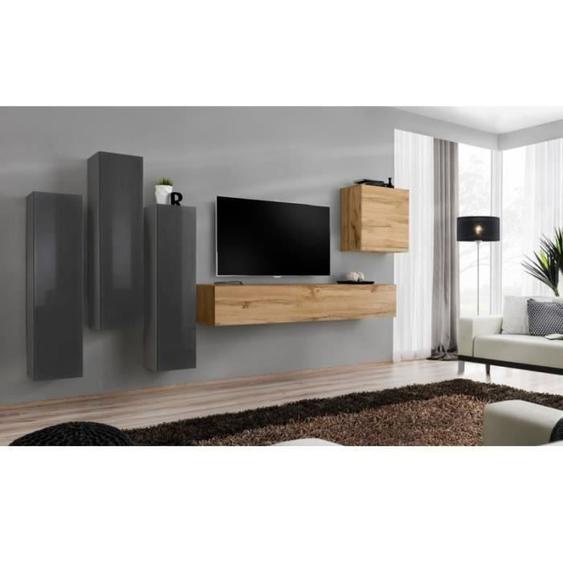 Meuble TV mural - PRICE FACTORY - SWITCH III - Bois - 5 portes - Chêne Wotan et gris brillant