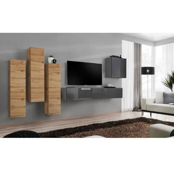 Meuble TV mural - PRICE FACTORY - SWITCH III - Chêne Wotan - Gris - 5 portes