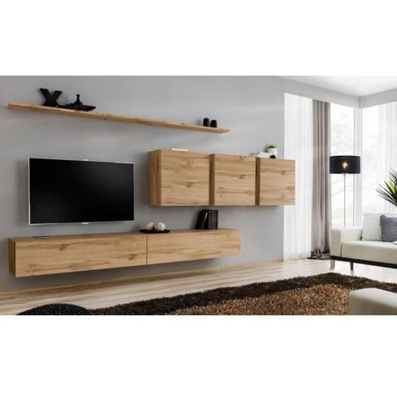 Meuble TV mural - PRICE FACTORY - SWITCH VII - Chêne Wotan - 5 portes - 3 compartiments