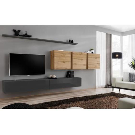 Meuble TV mural - PRICE FACTORY - SWITCH VII - Gris brillant - Chêne Wotan - 5 portes