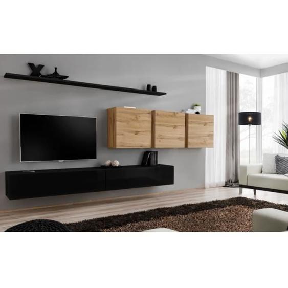 Meuble TV mural - PRICE FACTORY - SWITCH VII - Noir brillant et chêne Wotan - 5 portes - 340x150x40 cm
