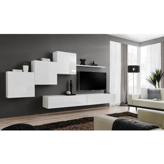 Meuble TV mural - PRICE FACTORY - SWITCH X - Blanc brillant - 5 portes - 330x40x160 cm