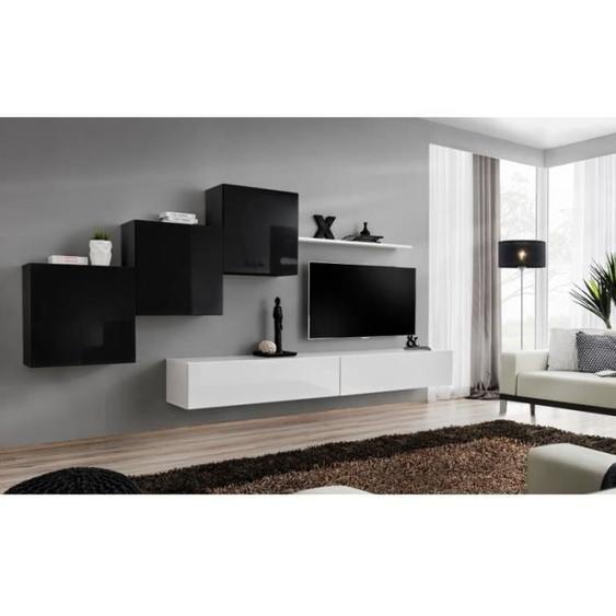 Meuble TV mural - PRICE FACTORY - SWITCH X - Blanc et Noir - 5 portes - Brillant