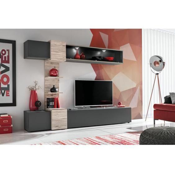 Meuble TV mural Rio - AC-DÉCO - L 300 x P 35 x 180 cm - Gris anthracite et beige
