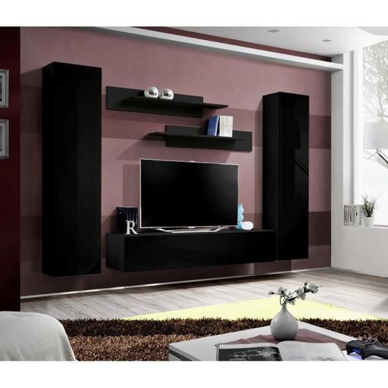 Meuble TV mural suspendu FLY A noir - PRICE FACTORY - Brillant - 3 portes - 260x190x40cm
