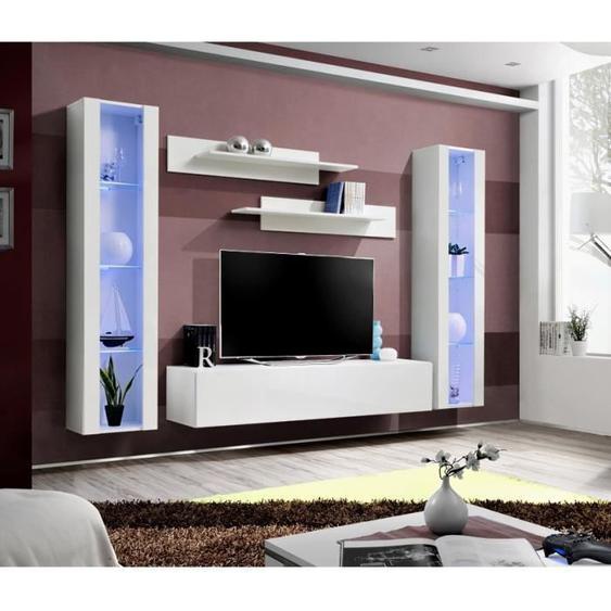 Meuble TV mural suspendu FLY A2 blanc - PRICE FACTORY - Banc TV 160x30x40cm - LED - 2 colonnes vitrées