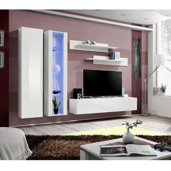 Meuble TV mural suspendu FLY A4 blanc - PRICE FACTORY - LED, 3 compartiments, 2 colonnes vitrées et 2 étagères