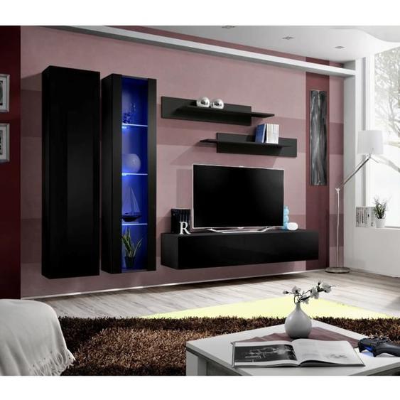 Meuble TV mural suspendu FLY A4 noir - PRICE FACTORY - LED - 3 portes - 190cm