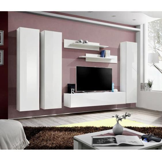 Meuble TV mural suspendu FLY C1 blanc - PRICE FACTORY - Banc TV avec 3 compartiments et 3 colonnes avec LED