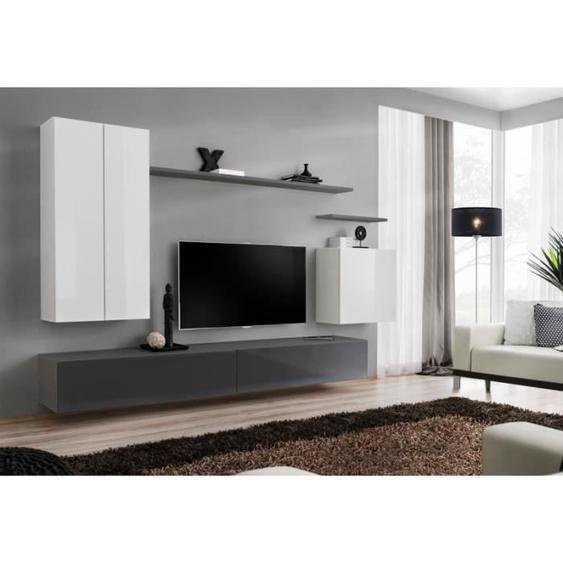 Meuble TV mural SWITCH II - PRICE FACTORY - Blanc et gris brillant - 1 porte - Modulable