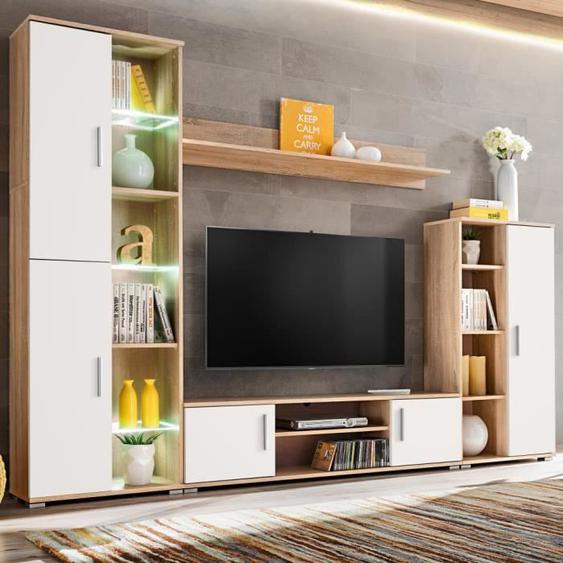 Meuble TV mural - V GEBY - Type2024081074 - Chêne sonoma et blanc - Éclairage LED - Design contemporain