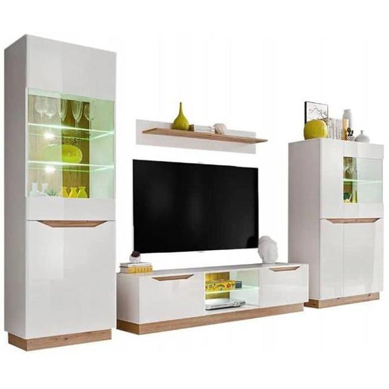 Meuble TV paroi murale - ensemble de meubles de salon - blanc mat, blanc brillant, chêne artisan - ABIKSMEBLE FAME