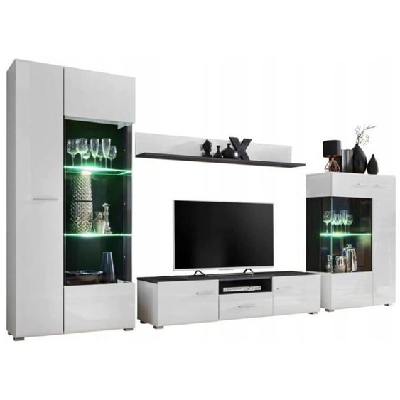 Meuble TV paroi murale - ensemble de meubles de salon - pin norvégienne noir, blanc brillant - ABIKSMEBLE SOLIDO