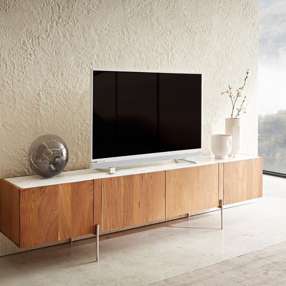 Meuble-TV Secara 200 cm acacia naturel 4 portes marbre pieds inoxydable, Meubles-TV