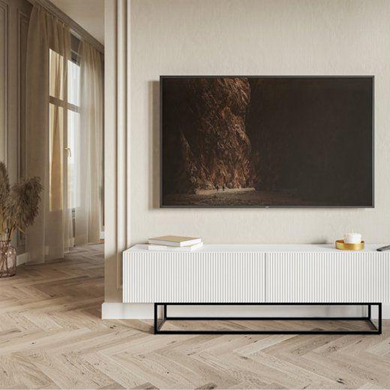 Meuble TV sur pieds noir - VELDIO - 175 cm - blanc