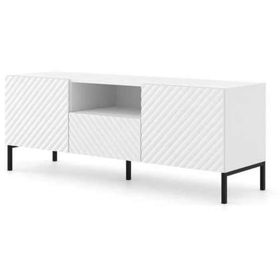 Meuble TV SURF 150 cm 2D1S façades fraisées blanc mat sur pieds noirs