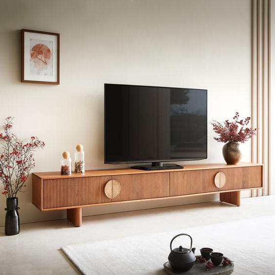 Meuble-TV Surimu 240 cm acacia brun clair 4 portes poignée en liège pieds en bois, Meubles-TV