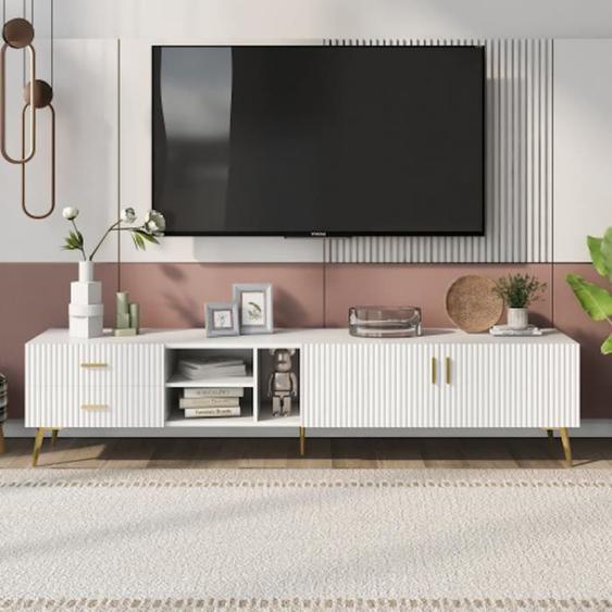 Meuble tv suspendu en bois avec espace de rangement spacieux et poied métal plaqué or - blanc