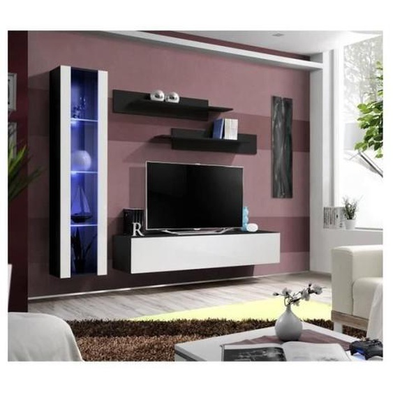 Meuble TV suspendu FLY G2 - PRICE FACTORY - Noir et blanc brillant - 2 portes - 210x40x190cm
