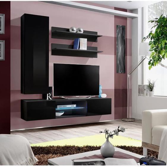 Meuble TV suspendu FLY S1 - PRICE FACTORY - Noir brillant - 4 portes - Éclairage LED