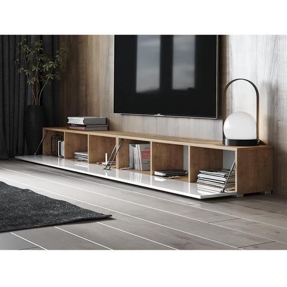 Meuble TV suspendu / Table Basse TV / Banc Télé flottant de Salon 280 cm de chêne/ blanc brilliant