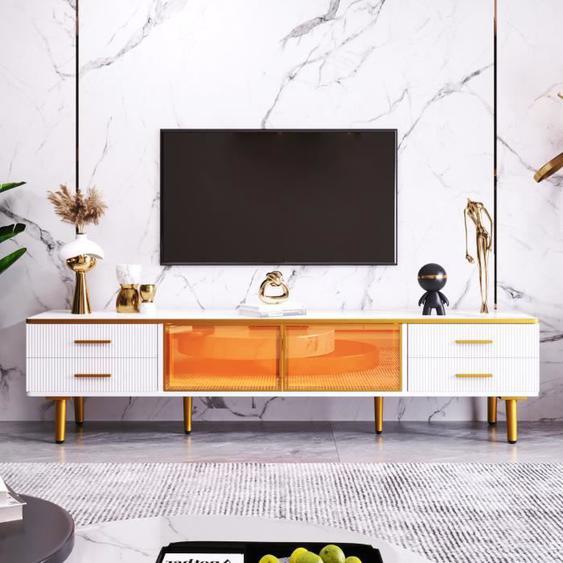 Meuble TV - TIMPFEE - 70*37*47.5cm - 4 Tiroirs - 2 Portes en Verre Trempé Marron - Lumière LED - Blanc