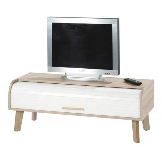 Meuble TV Vintage Chêne 1 Rideau - Rideau Blanc - L 114 x l 45 x H 41.6 cm