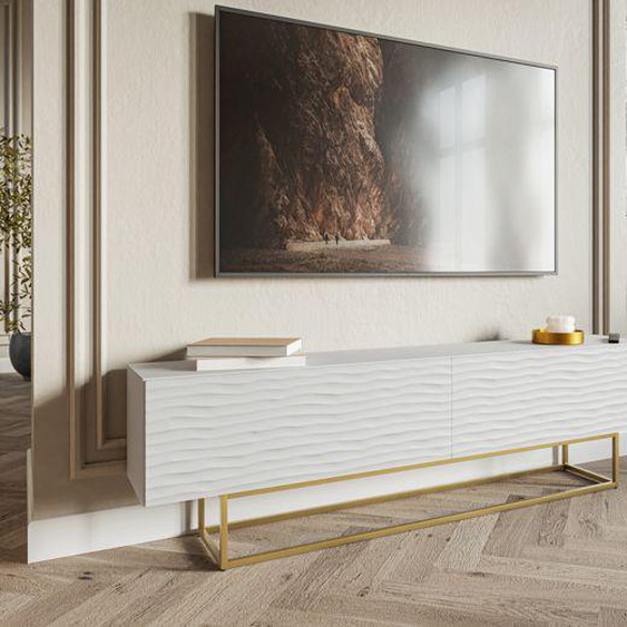 Meuble TV - WAVIO - 175 cm - blanc avec pieds dorés
