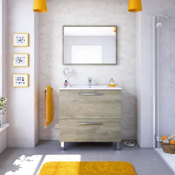 Meuble vasque 2 tiroirs 80 cm + vasque + miroir Chêne - BANRU - Bois