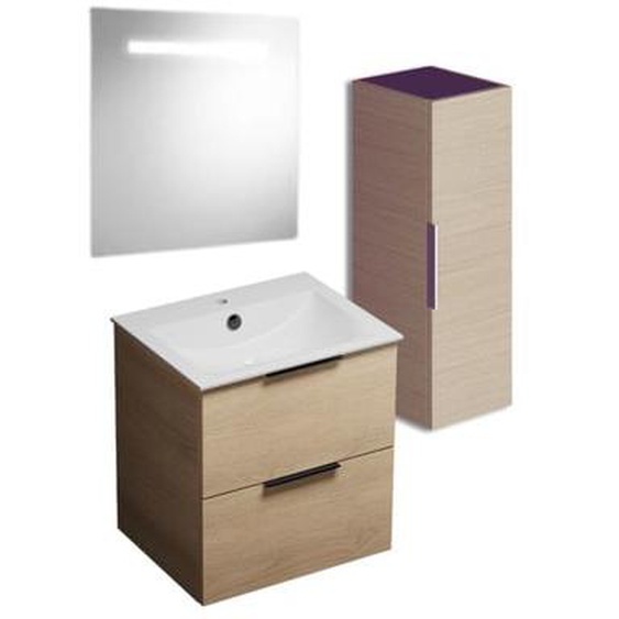Meuble vasque 60 cm Olena chêne clair + miroir + colonne de salle de bain