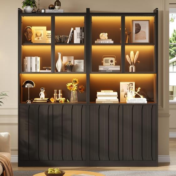 Meuble vitrine, ensemble de 2 pièces, dimensions 160x35x200 cm, 8 portes dont 4 en verre sécurisé, éclairage LED Bluetooth, 10 compartiments de rangement, étagères réglables, système douverture par simple pression, couleur noire