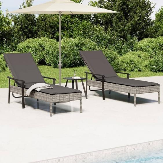 Meubles Bains de soleil 2 pièces avec table et coussins Gris Poly Rattan - Meubles de terrasse 362808