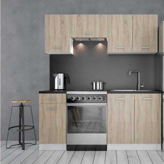 Meubles de cuisine DomoDomo First - Ensemble 5 pièces en chêne Sonoma-white, comprenant un évier de 80 cm, un tiroir de 40 cm, une hotte aspirante de 60 cm, un support mural de 80 cm