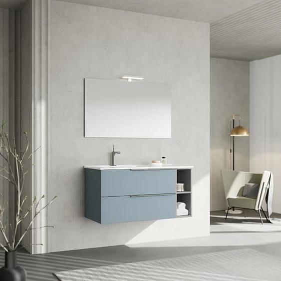 MEUBLES DE SALLE DE BAINS SUSPENDUS 100CM BLEU CLAIR, LAVABO ET MIROIR AVEC LAMPE| NEW YORK