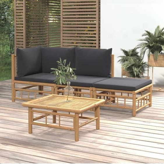 Meubles Ensemble de salon de jardin 4 pièces avec coussins gris foncé en bambou - Meubles de terrasse 3155208
