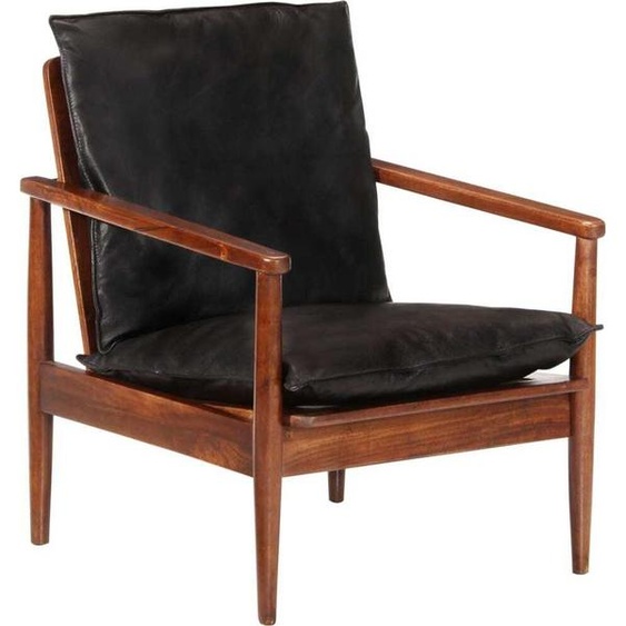 Meubles Fauteuil Noir Cuir véritable et bois massif Acacia - Fauteuil TV & Relax 340922
