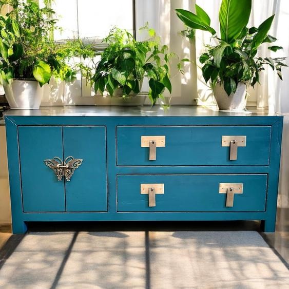 Meubles orientaux vintage Asia TV commode Sideboard Lowboard Armoire Coffret TV chinois asiatique extrême-oriental style cottage bleu monté