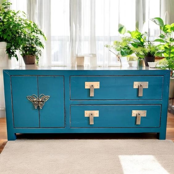 Meubles orientaux vintage Commode TV Sideboard Lowboard Armoire armoire TV chinoise asiatique extrême-orientale style campagnard shabby-chic bleu bleu foncé navy